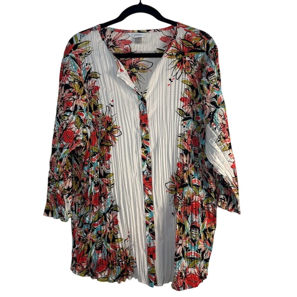 C J Banks Floral Crinkle Pleat Tunic Blouse 3/4 Sleeve Button Front Plus Size 2X
